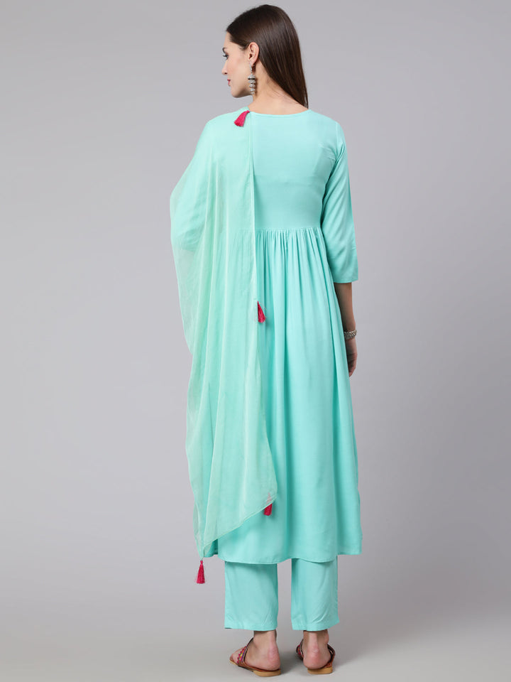 Rayon Embroidery Calf Length Flared 3/4 Sleeve Round Neck Kurta, Pants With Dupatta Set