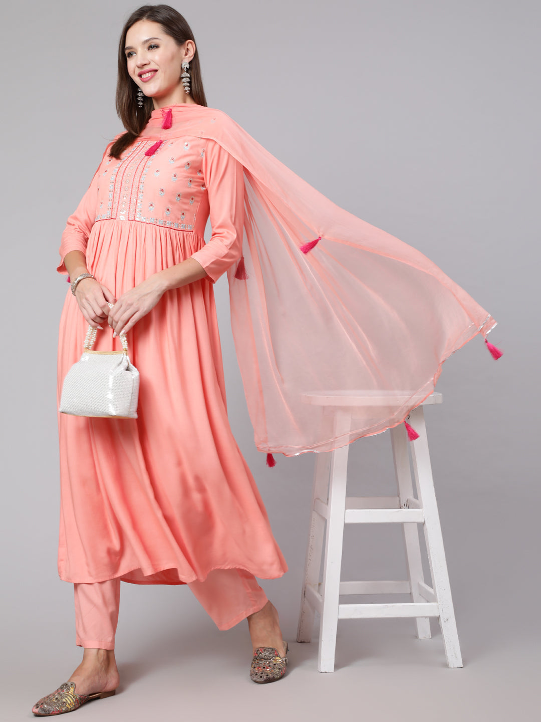 Rayon Embroidery Calf Length Flared 3/4 Sleeve Round Neck Kurta, Pants With Dupatta Set