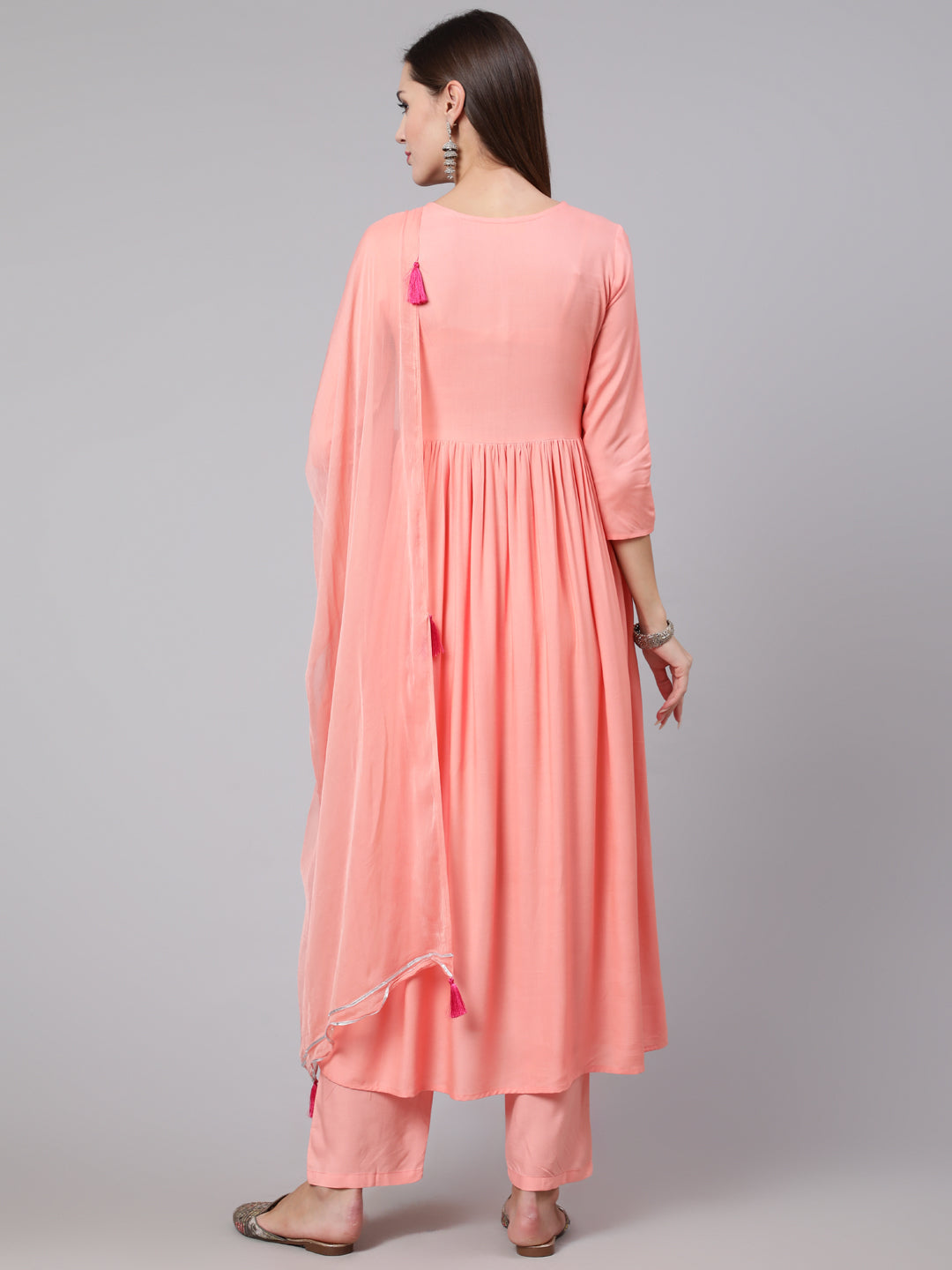 Rayon Embroidery Calf Length Flared 3/4 Sleeve Round Neck Kurta, Pants With Dupatta Set