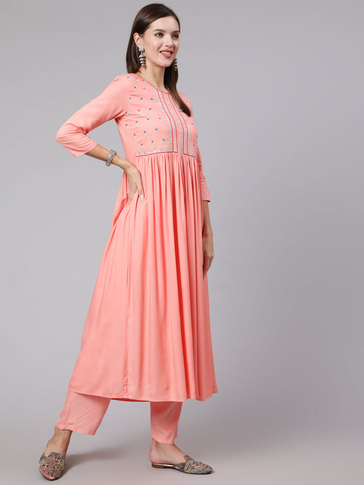 Rayon Embroidery Calf Length Flared 3/4 Sleeve Round Neck Kurta, Pants With Dupatta Set