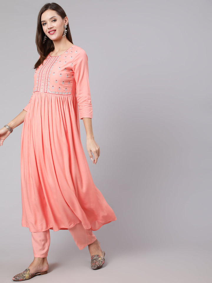 Rayon Embroidery Calf Length Flared 3/4 Sleeve Round Neck Kurta, Pants With Dupatta Set