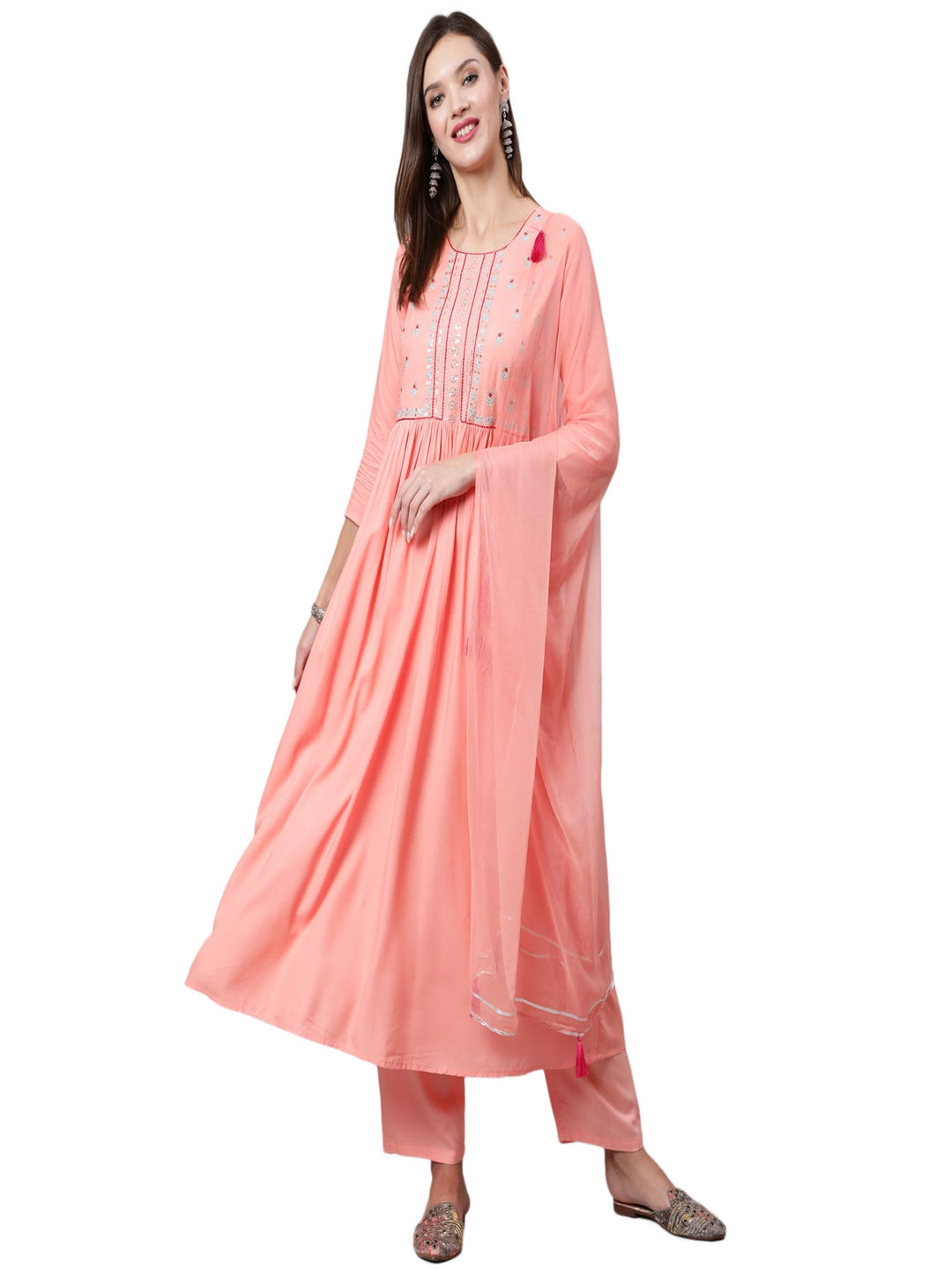 Rayon Embroidery Calf Length Flared 3/4 Sleeve Round Neck Kurta, Pants With Dupatta Set