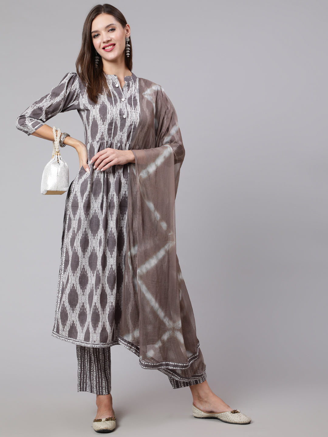 Cotton Calf Length Straight 3/4 Sleeve Mandarin Neck Printed Kurta, Pants With Dupatta Set