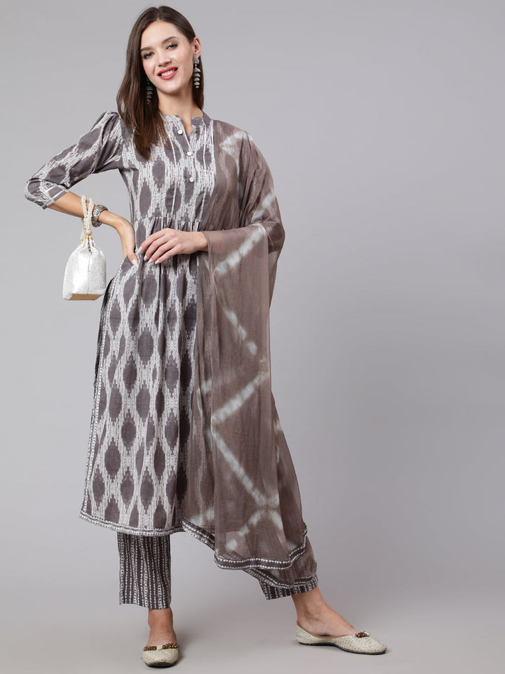 Cotton Calf Length Straight 3/4 Sleeve Mandarin Neck Printed Kurta, Pants With Dupatta Set
