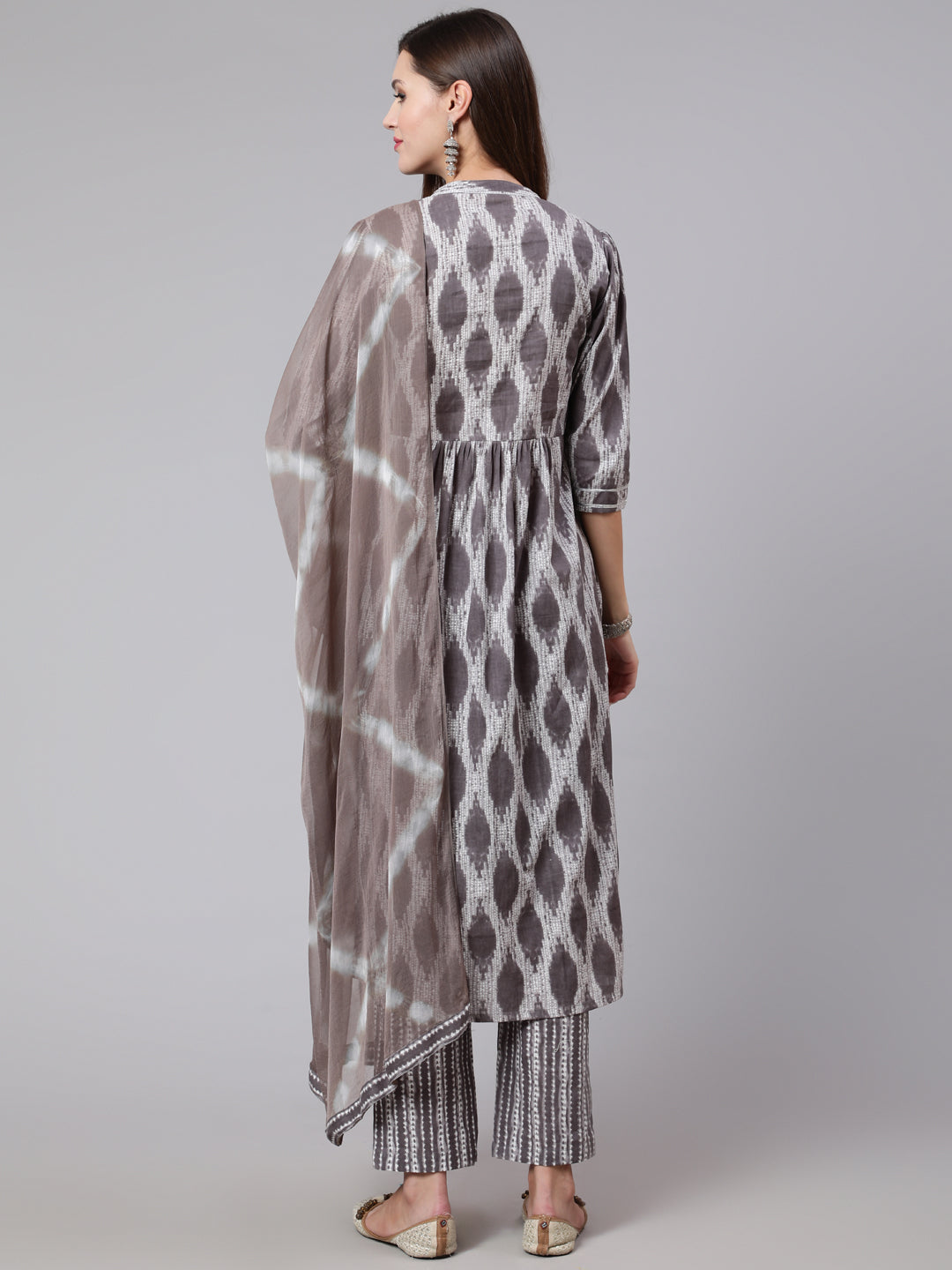 Cotton Calf Length Straight 3/4 Sleeve Mandarin Neck Printed Kurta, Pants With Dupatta Set