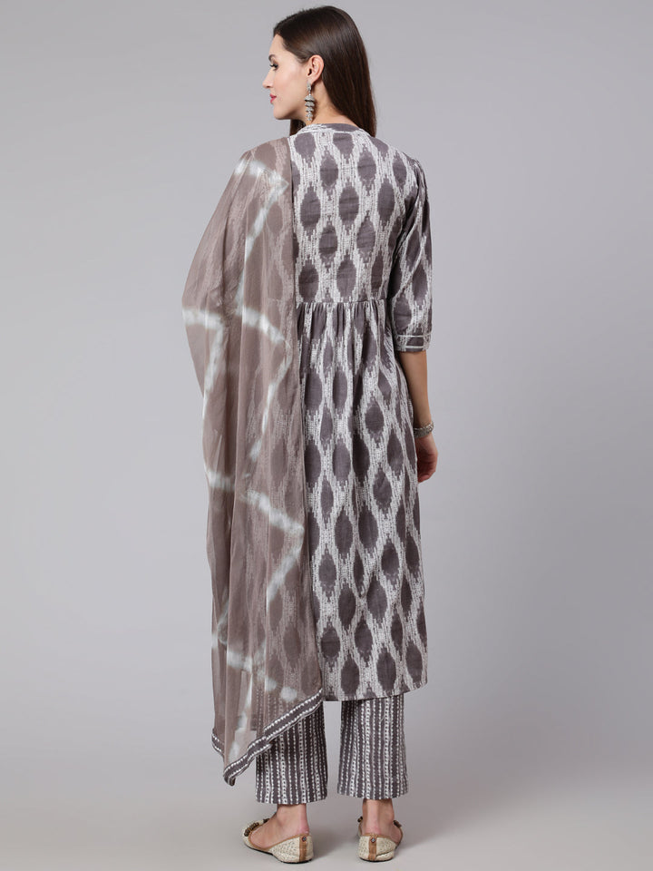 Cotton Calf Length Straight 3/4 Sleeve Mandarin Neck Printed Kurta, Pants With Dupatta Set