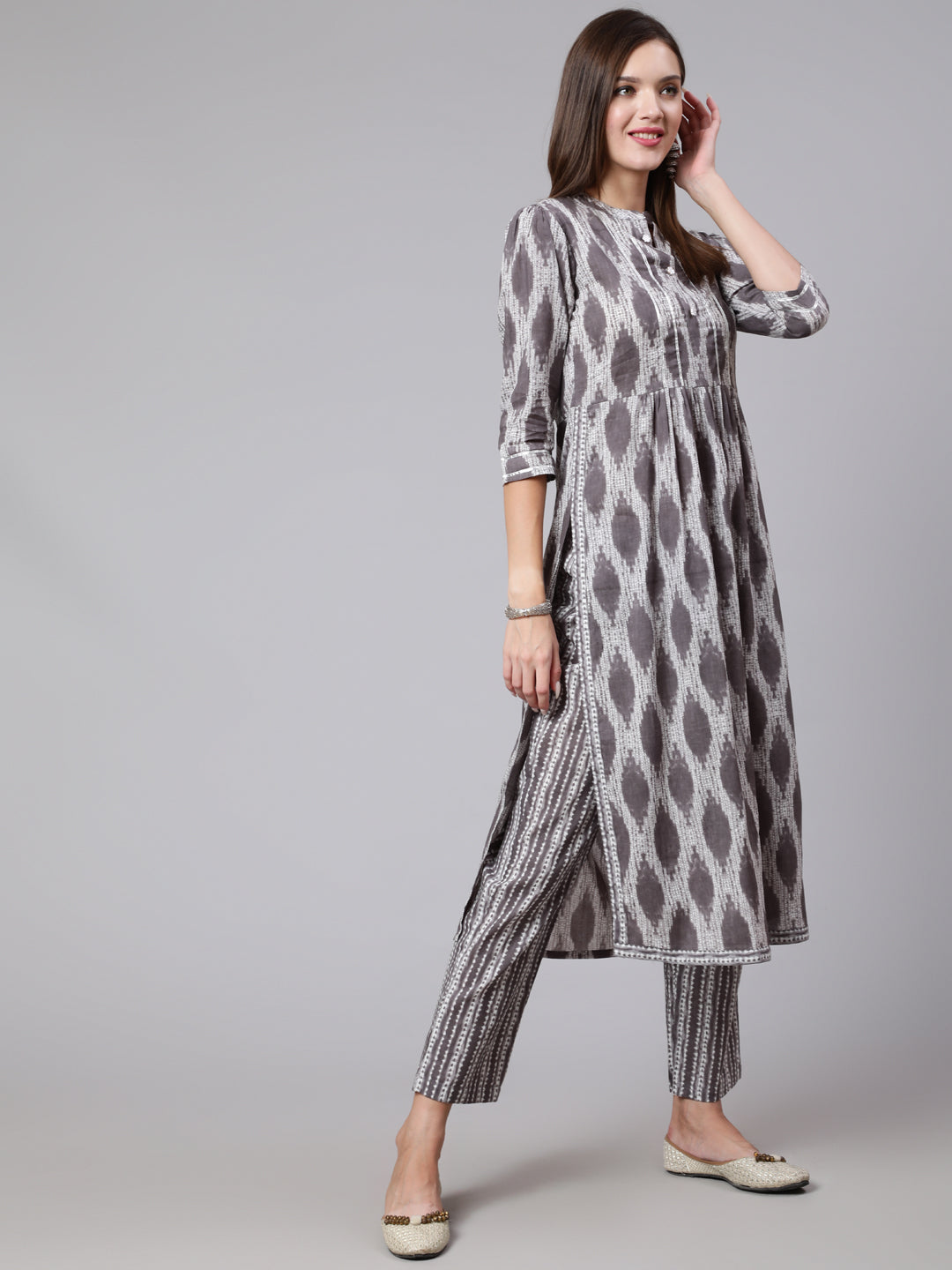 Cotton Calf Length Straight 3/4 Sleeve Mandarin Neck Printed Kurta, Pants With Dupatta Set