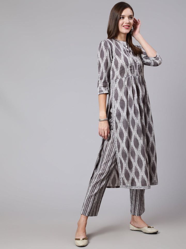 Cotton Calf Length Straight 3/4 Sleeve Mandarin Neck Printed Kurta, Pants With Dupatta Set