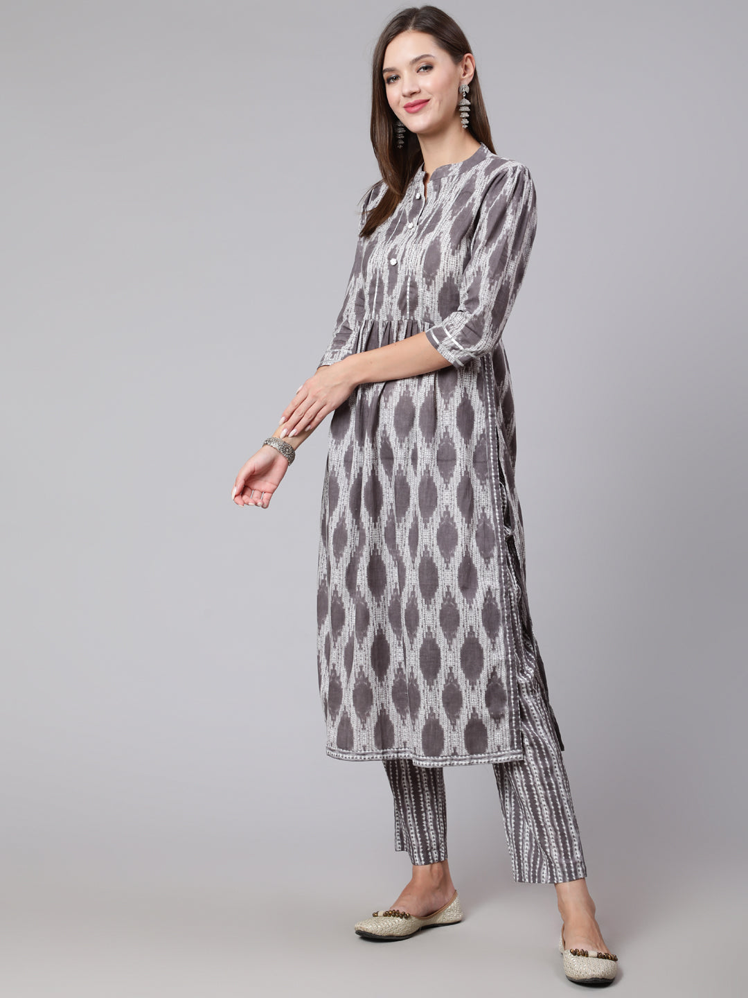 Cotton Calf Length Straight 3/4 Sleeve Mandarin Neck Printed Kurta, Pants With Dupatta Set