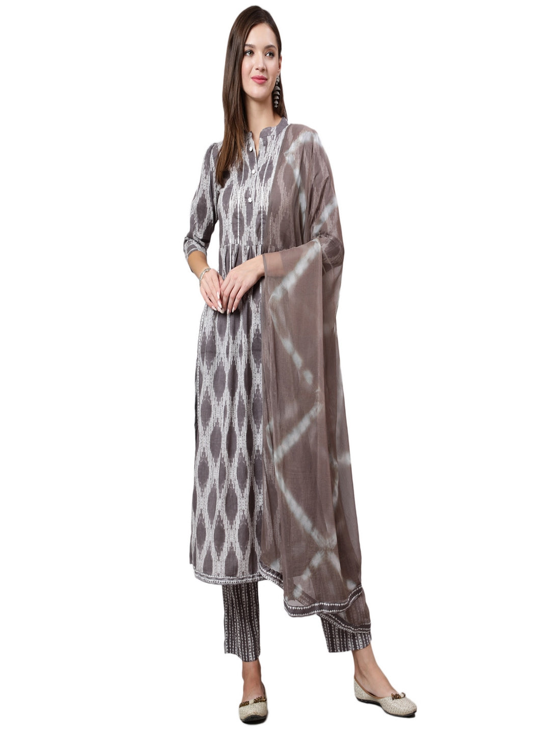 Cotton Calf Length Straight 3/4 Sleeve Mandarin Neck Printed Kurta, Pants With Dupatta Set
