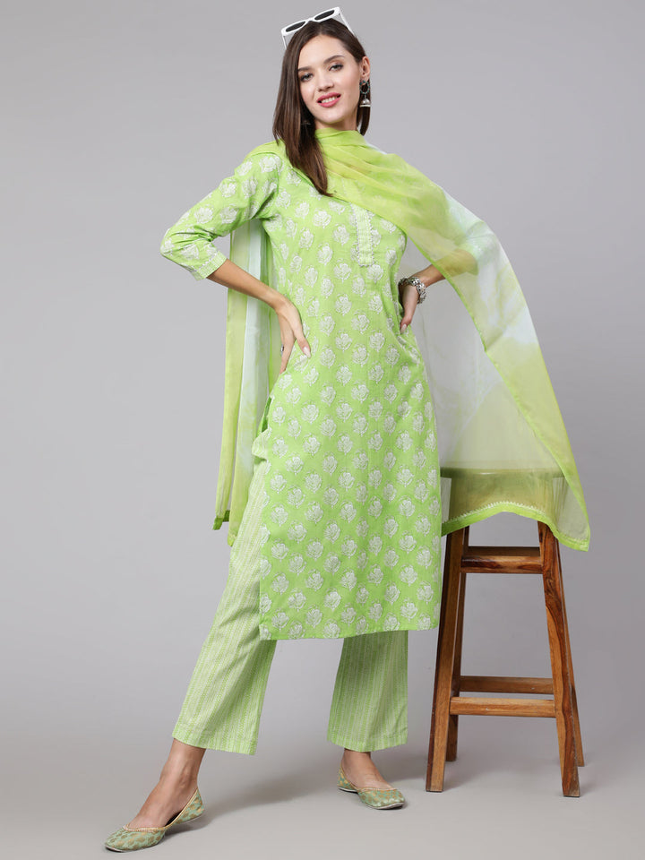 Cotton Calf Length Straight 3/4 Sleeve Mandarin Neck Printed Kurta, Pants With Dupatta Set
