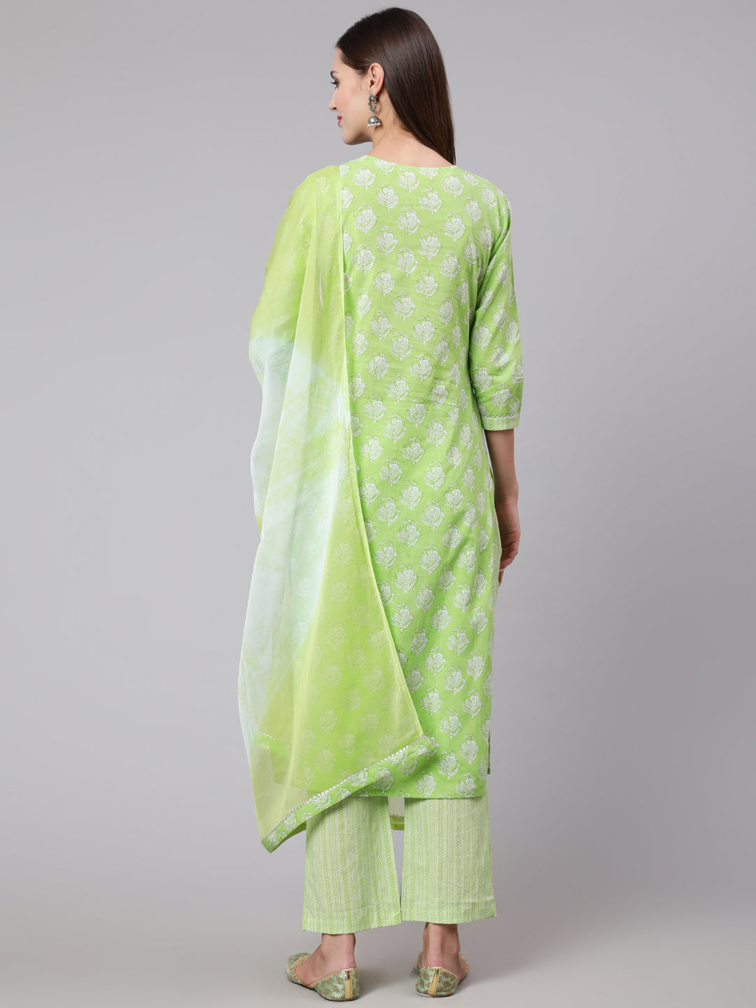 Cotton Calf Length Straight 3/4 Sleeve Mandarin Neck Printed Kurta, Pants With Dupatta Set