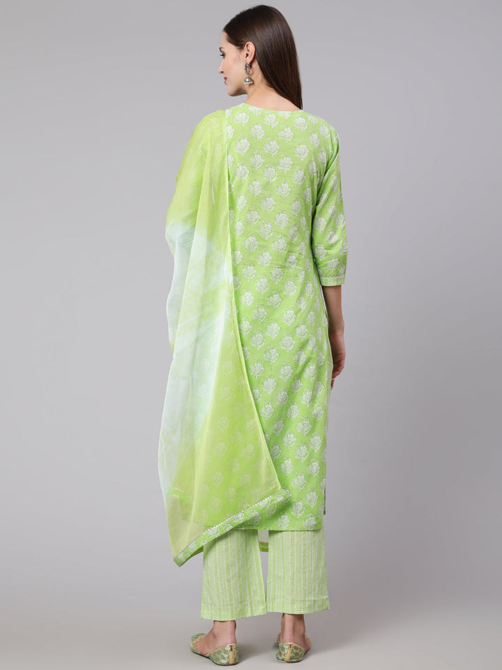Cotton Calf Length Straight 3/4 Sleeve Mandarin Neck Printed Kurta, Pants With Dupatta Set