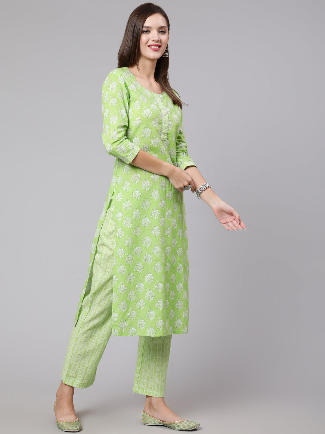 Cotton Calf Length Straight 3/4 Sleeve Mandarin Neck Printed Kurta, Pants With Dupatta Set