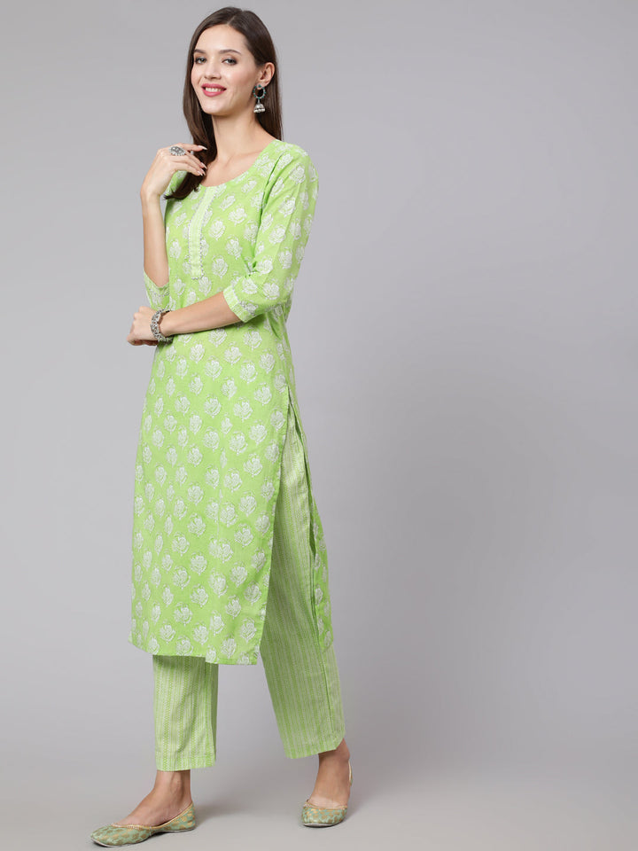 Cotton Calf Length Straight 3/4 Sleeve Mandarin Neck Printed Kurta, Pants With Dupatta Set