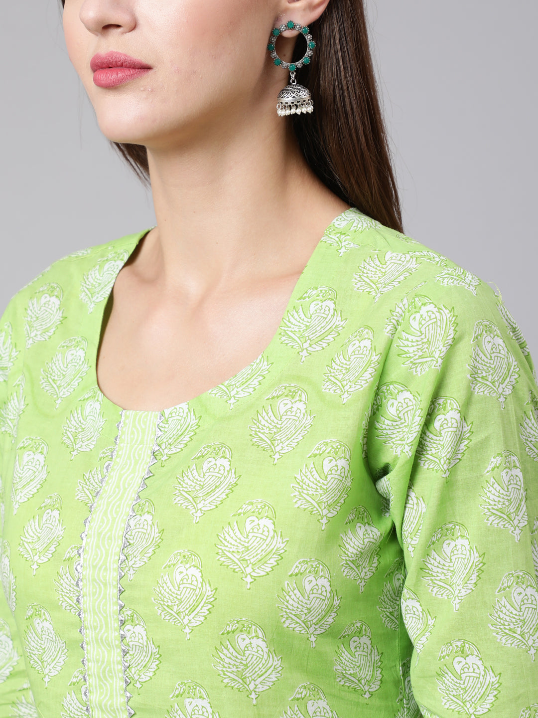 Cotton Calf Length Straight 3/4 Sleeve Mandarin Neck Printed Kurta, Pants With Dupatta Set