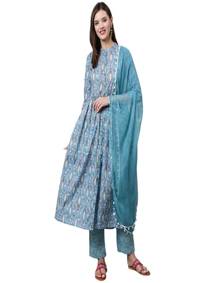 Cotton Printed Calf Length Flared 3/4 Sleeve Mandarin Neck Kurta, Pants With Dupatta Set