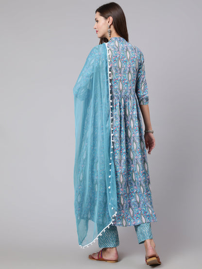Cotton Printed Calf Length Flared 3/4 Sleeve Mandarin Neck Kurta, Pants With Dupatta Set