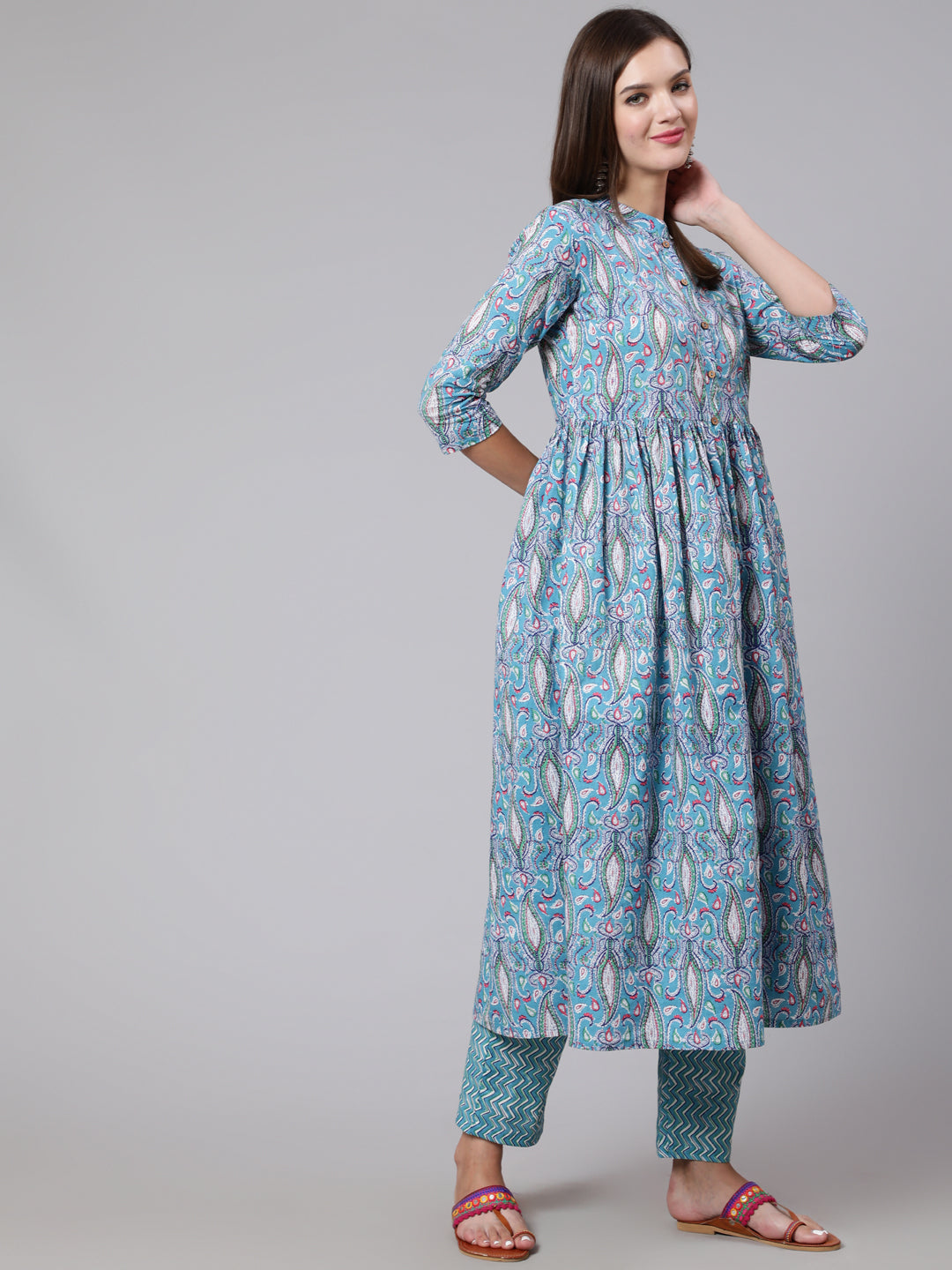 Cotton Printed Calf Length Flared 3/4 Sleeve Mandarin Neck Kurta, Pants With Dupatta Set