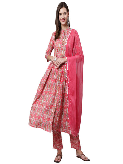 Cotton Printed Calf Length Flared 3/4 Sleeve Mandarin Neck Kurta, Pants With Dupatta Set