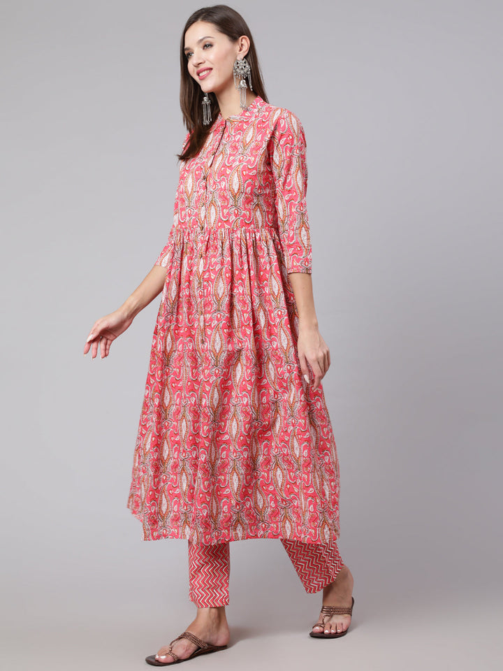 Cotton Printed Calf Length Flared 3/4 Sleeve Mandarin Neck Kurta, Pants With Dupatta Set