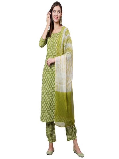 Cotton Calf Length Straight 3/4 Sleeve Round Neck Printed Kurta, Pants With Dupatta Set
