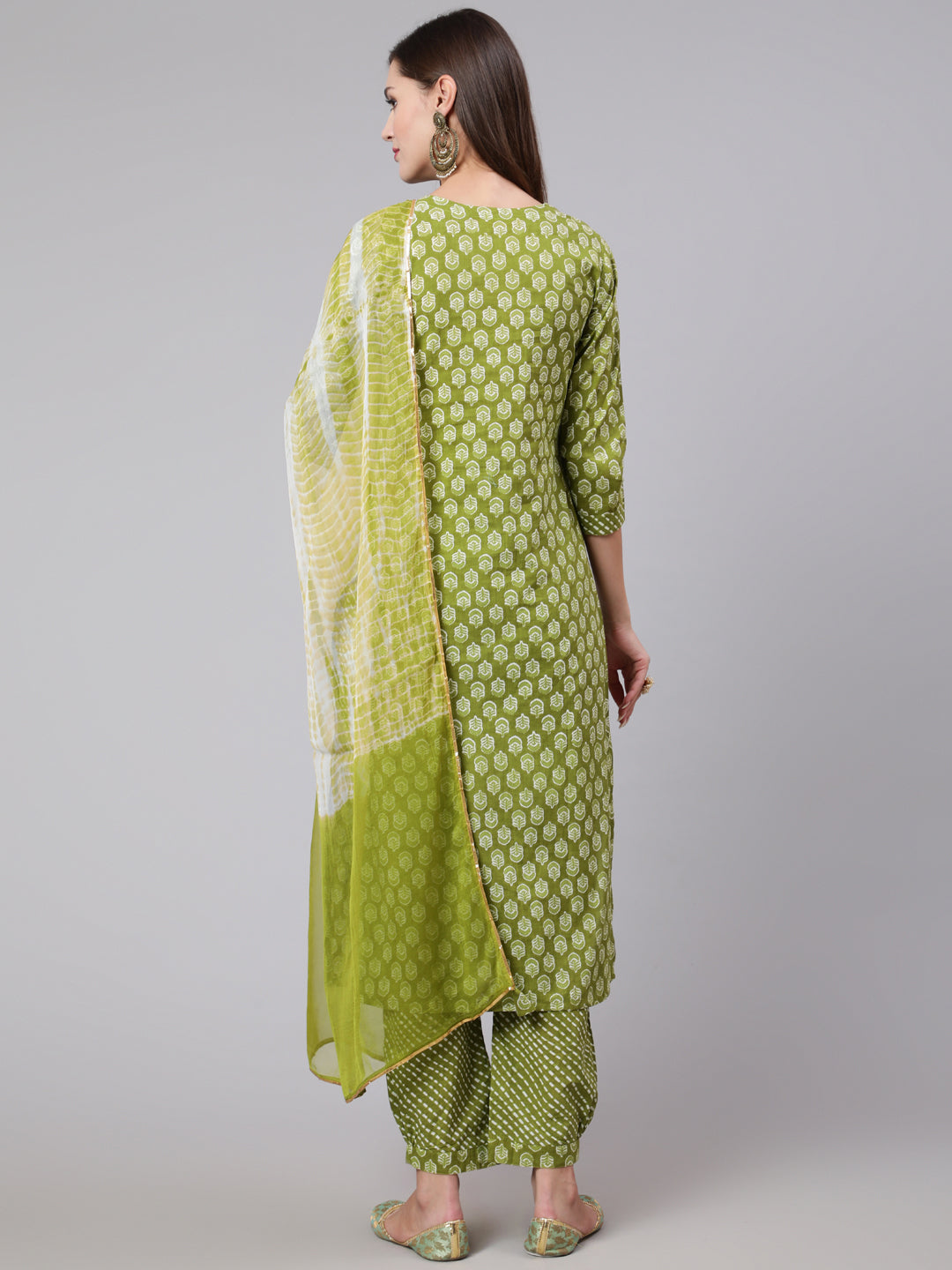 Cotton Calf Length Straight 3/4 Sleeve Round Neck Printed Kurta, Pants With Dupatta Set
