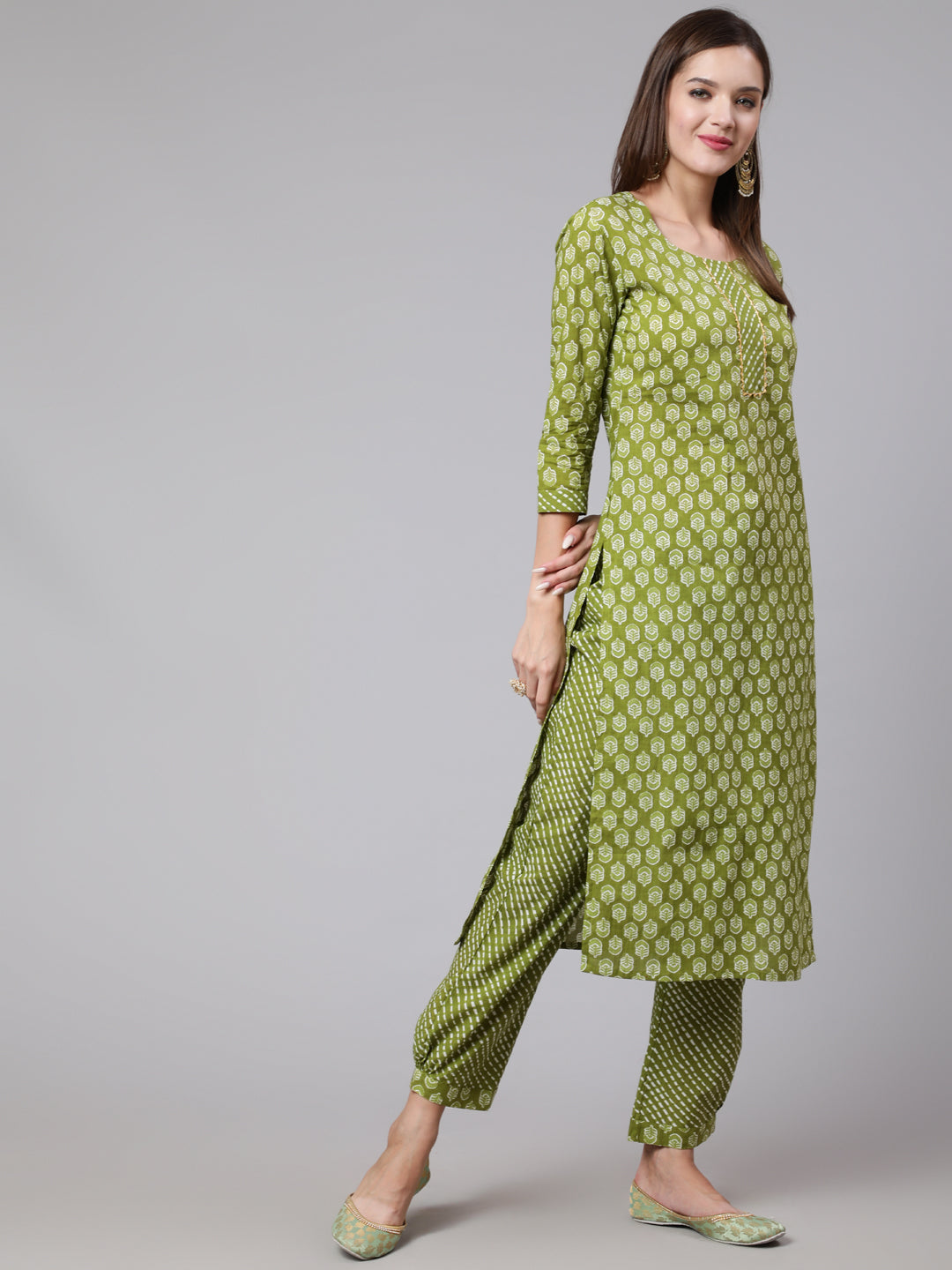 Cotton Calf Length Straight 3/4 Sleeve Round Neck Printed Kurta, Pants With Dupatta Set