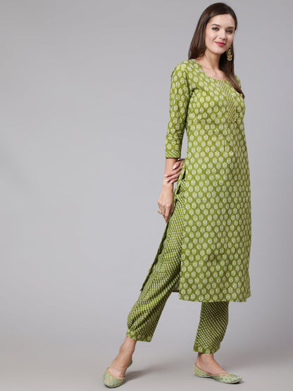 Cotton Calf Length Straight 3/4 Sleeve Round Neck Printed Kurta, Pants With Dupatta Set