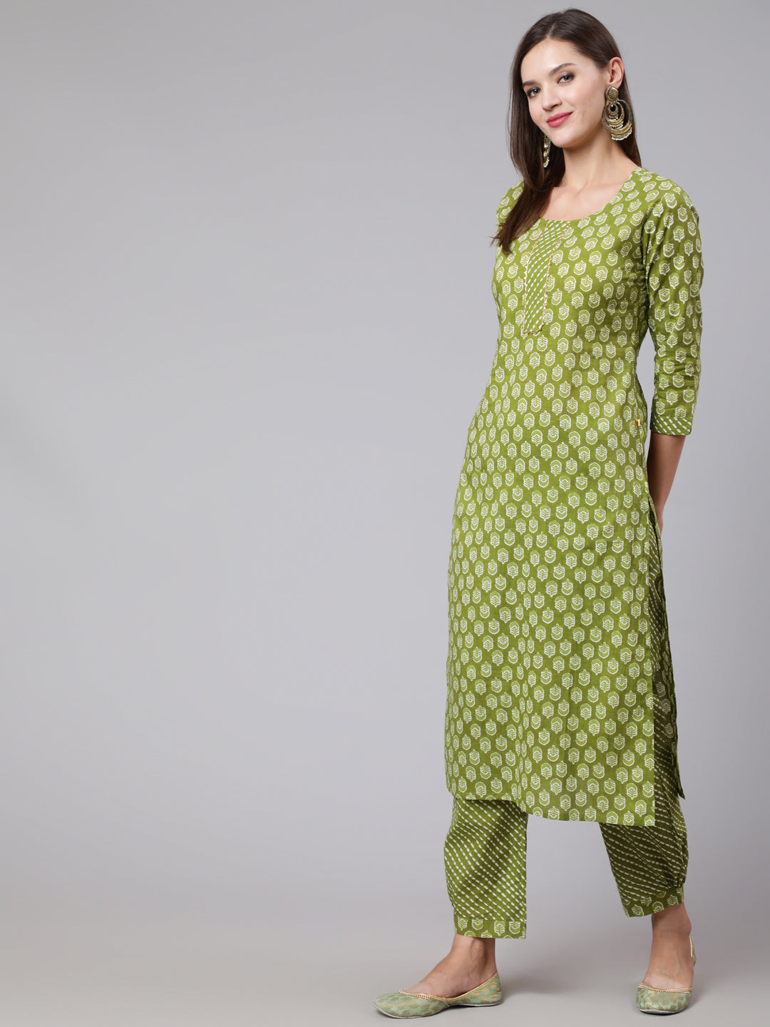 Cotton Calf Length Straight 3/4 Sleeve Round Neck Printed Kurta, Pants With Dupatta Set
