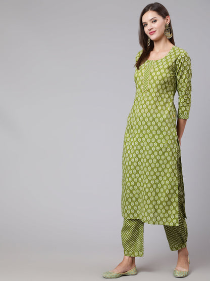 Cotton Calf Length Straight 3/4 Sleeve Round Neck Printed Kurta, Pants With Dupatta Set