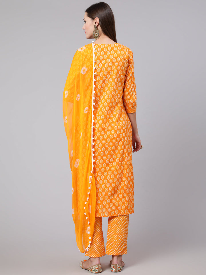 Cotton Calf Length Straight 3/4 Sleeve Round Neck Printed Kurta, Pants With Dupatta Set