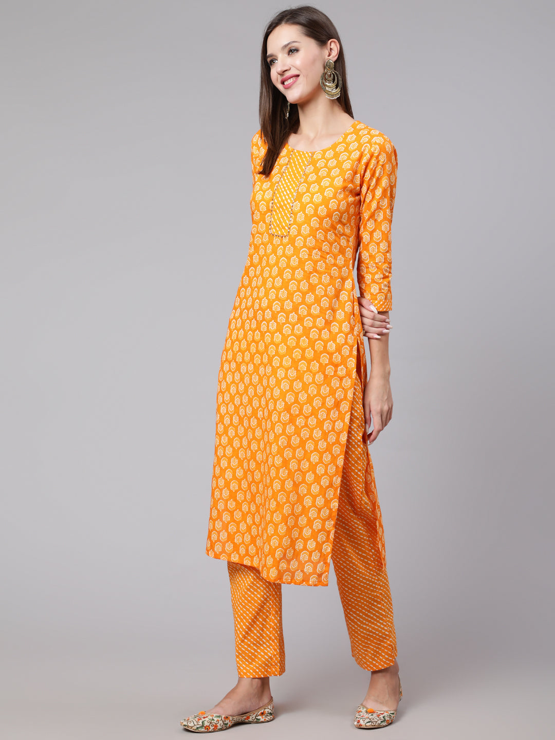 Cotton Calf Length Straight 3/4 Sleeve Round Neck Printed Kurta, Pants With Dupatta Set