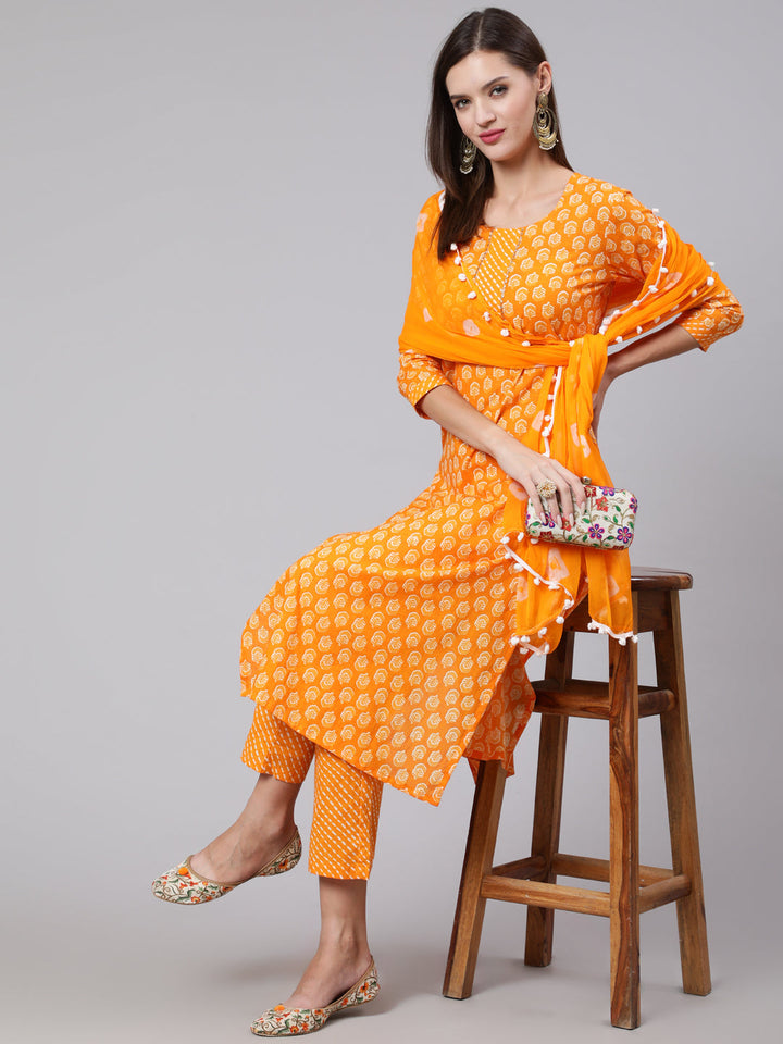 Cotton Calf Length Straight 3/4 Sleeve Round Neck Printed Kurta, Pants With Dupatta Set