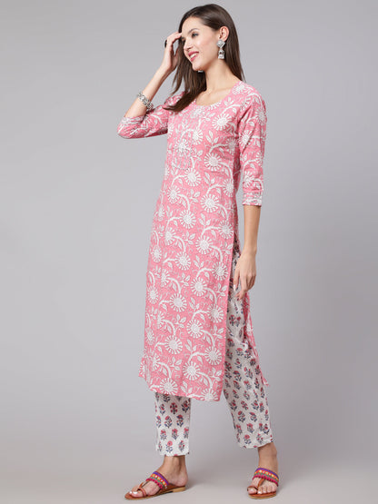 Cotton Calf Length Straight 3/4 Sleeve Round Neck Printed Kurta, Pants With Dupatta Set