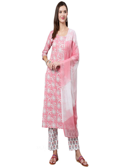 Cotton Calf Length Straight 3/4 Sleeve Round Neck Printed Kurta, Pants With Dupatta Set