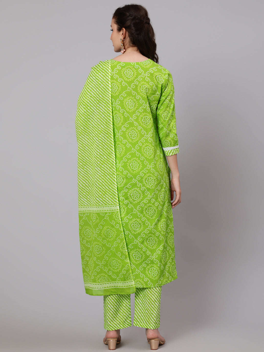 Bandhani Print Cotton Calf Length straight 3/4 Sleeve Round Neck Printed Kurta, Pants With Dupatta Set