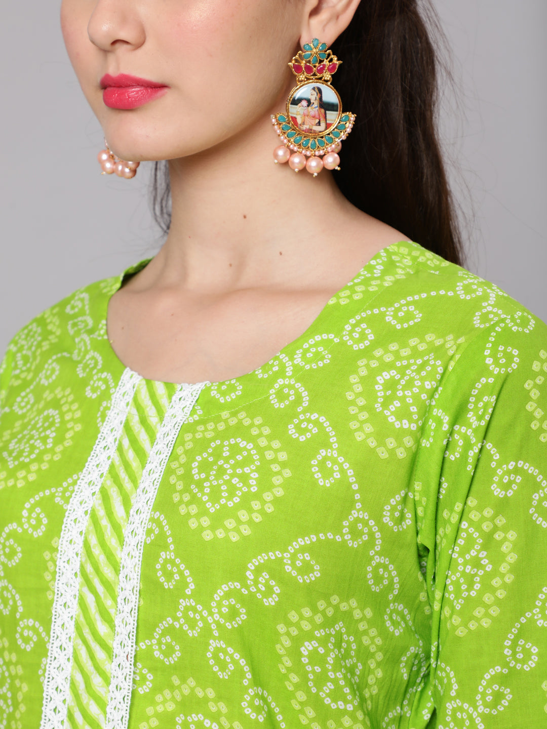 Bandhani Print Cotton Calf Length straight 3/4 Sleeve Round Neck Printed Kurta, Pants With Dupatta Set