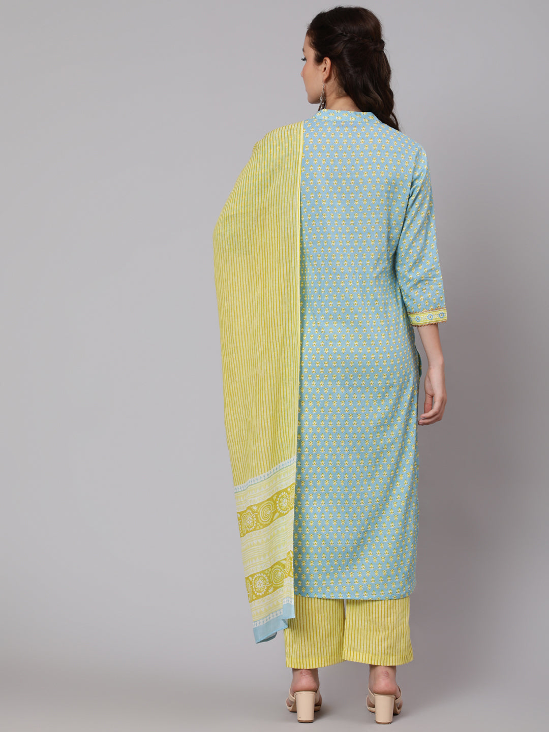 Printed Cotton Calf Length straight 3/4 Sleeve Round Neck Printed Kurta, Pants With Dupatta Set