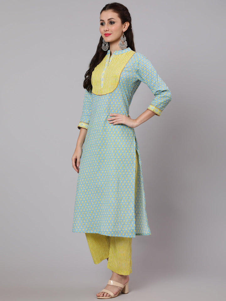 Printed Cotton Calf Length straight 3/4 Sleeve Round Neck Printed Kurta, Pants With Dupatta Set