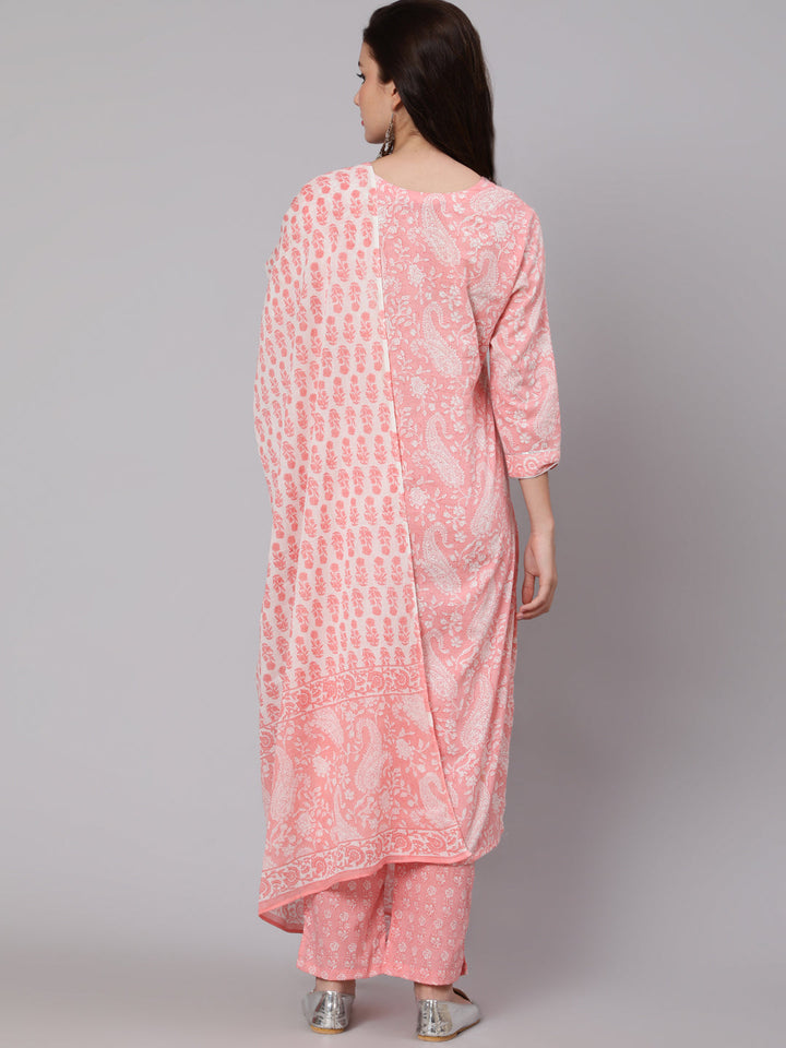 Printed Cotton Calf Length straight 3/4 Sleeve Round Neck Printed Kurta, Pants With Dupatta Set