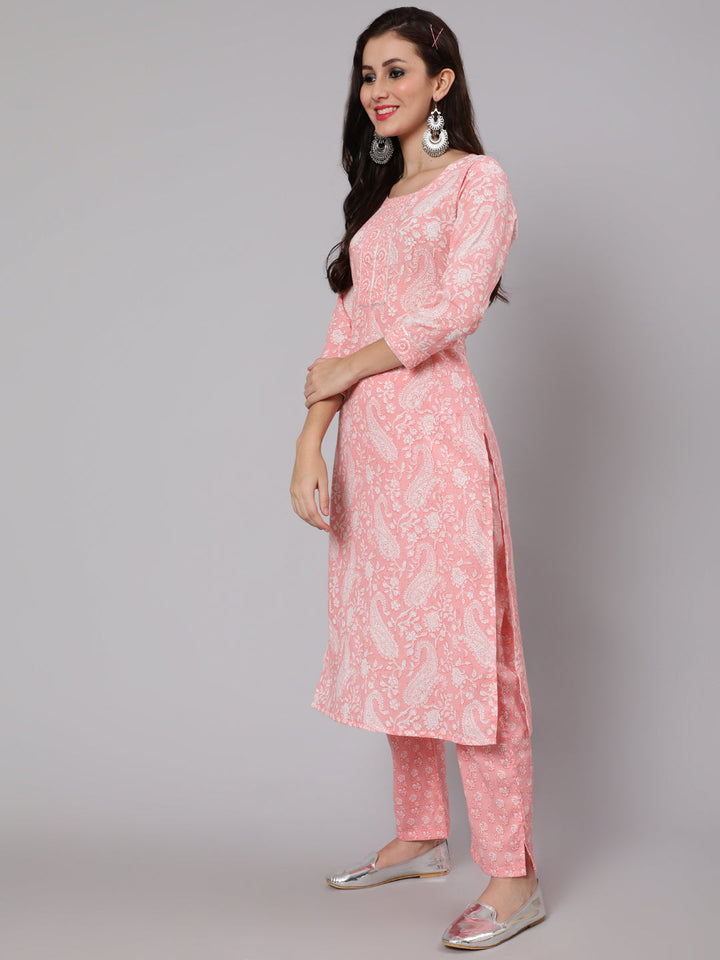 Printed Cotton Calf Length straight 3/4 Sleeve Round Neck Printed Kurta, Pants With Dupatta Set