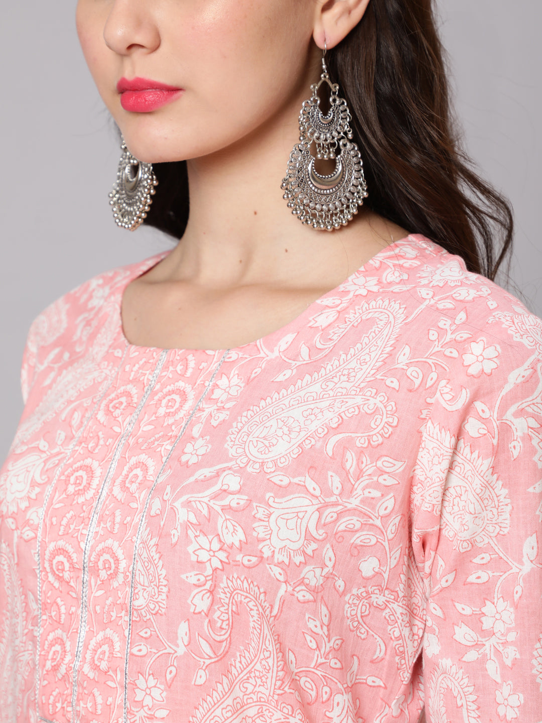 Printed Cotton Calf Length straight 3/4 Sleeve Round Neck Printed Kurta, Pants With Dupatta Set