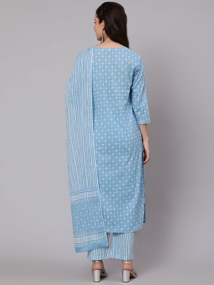 Printed Cotton Calf Length straight 3/4 Sleeve Round Neck Printed Kurta, Pants With Dupatta Set