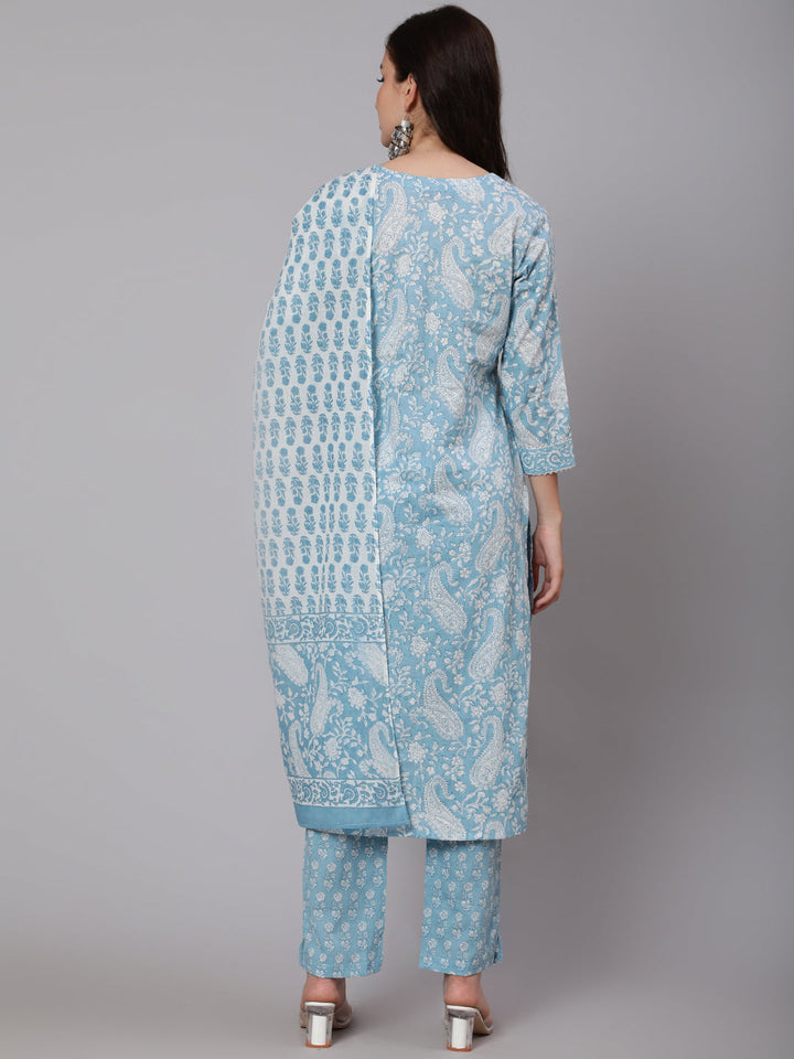 Printed Cotton Calf Length straight 3/4 Sleeve Round Neck Printed Kurta, Pants With Dupatta Set