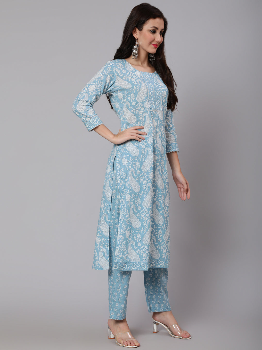 Printed Cotton Calf Length straight 3/4 Sleeve Round Neck Printed Kurta, Pants With Dupatta Set
