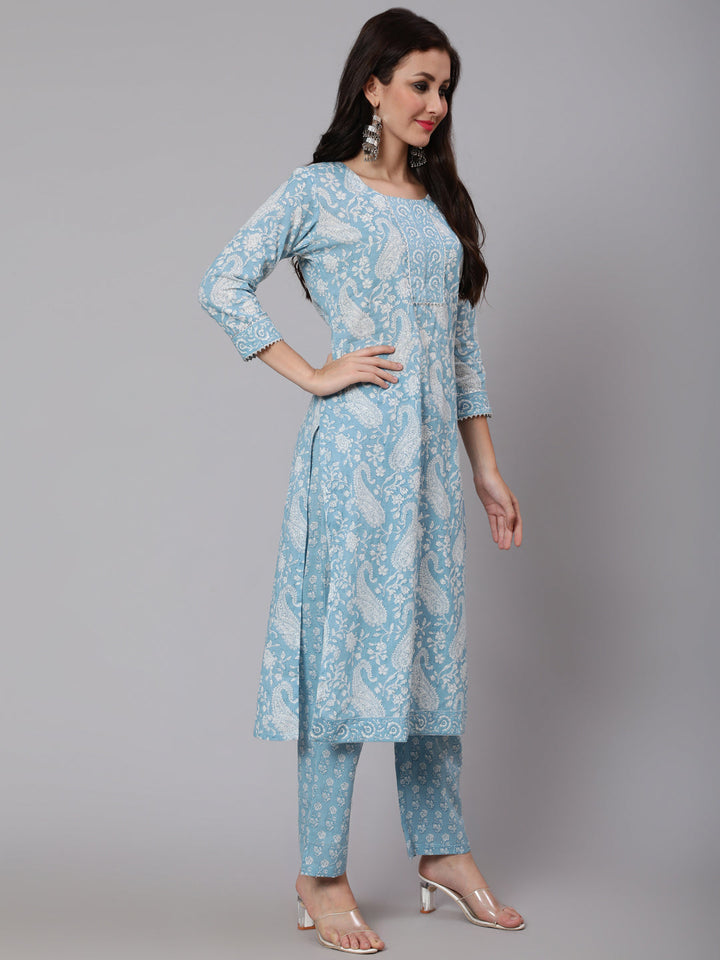 Printed Cotton Calf Length straight 3/4 Sleeve Round Neck Printed Kurta, Pants With Dupatta Set