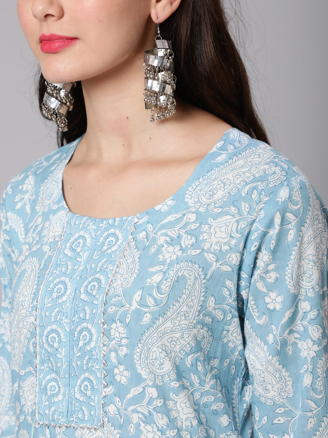 Printed Cotton Calf Length straight 3/4 Sleeve Round Neck Printed Kurta, Pants With Dupatta Set