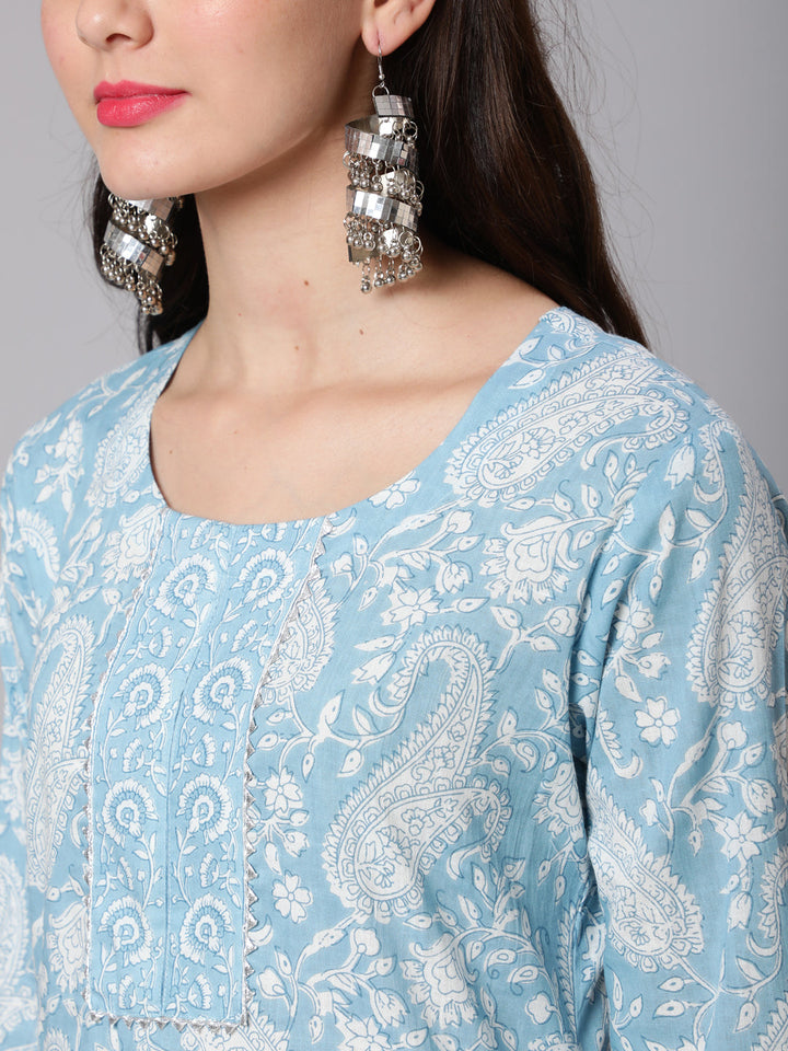 Printed Cotton Calf Length straight 3/4 Sleeve Round Neck Printed Kurta, Pants With Dupatta Set