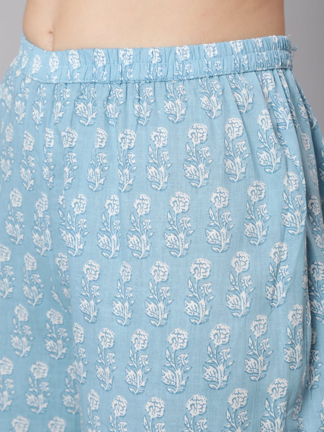 Printed Cotton Calf Length straight 3/4 Sleeve Round Neck Printed Kurta, Pants With Dupatta Set